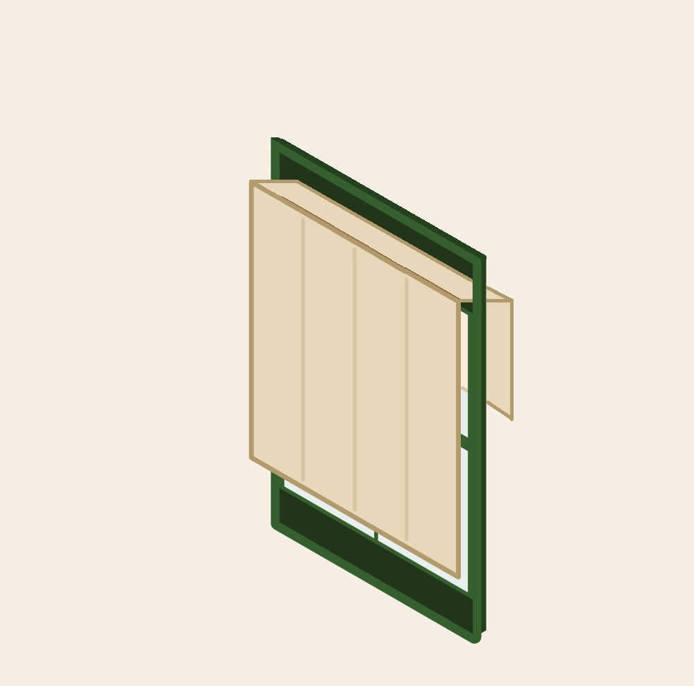 Top and bottom sashes both cracked open; the linen shade is held by a dowel on the inside at the top and pulled through to cover the middle of the window.