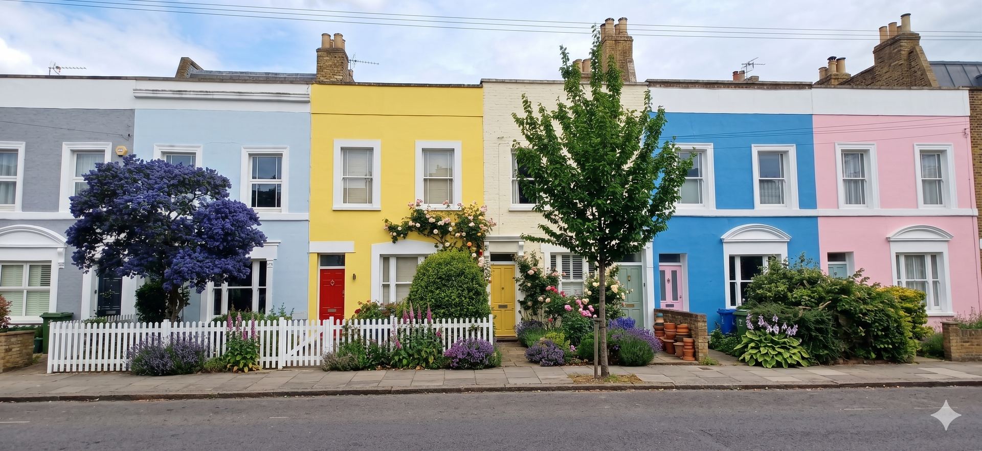 Colorful terraced houses with sash windows