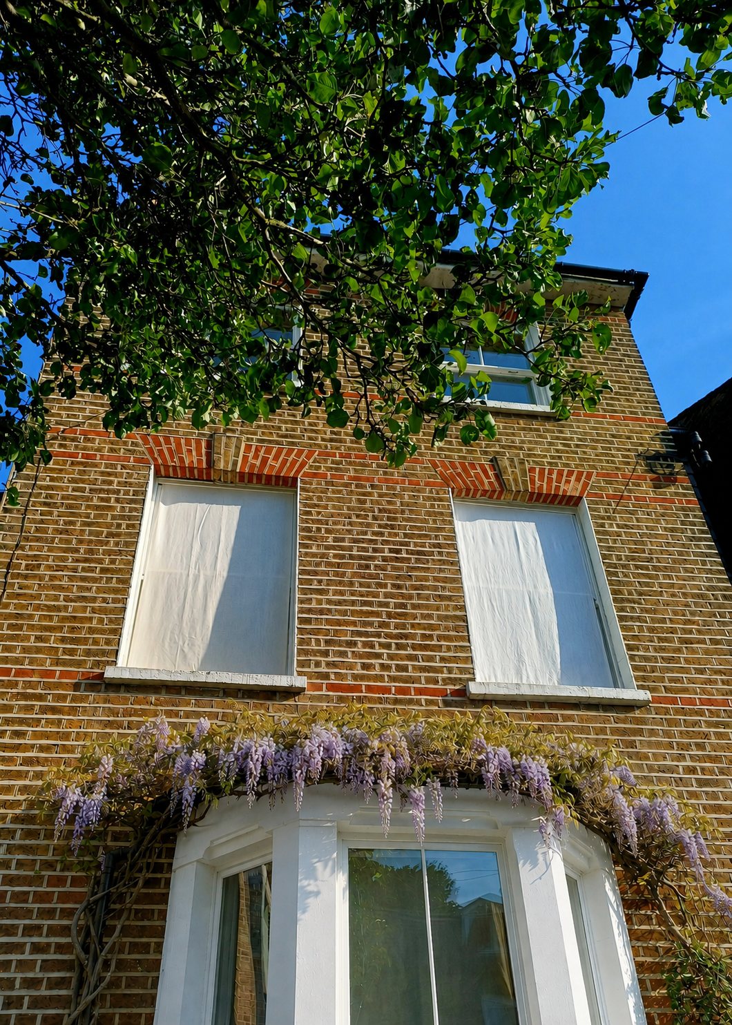 A traditional house front with external linen sash shades and wisteria